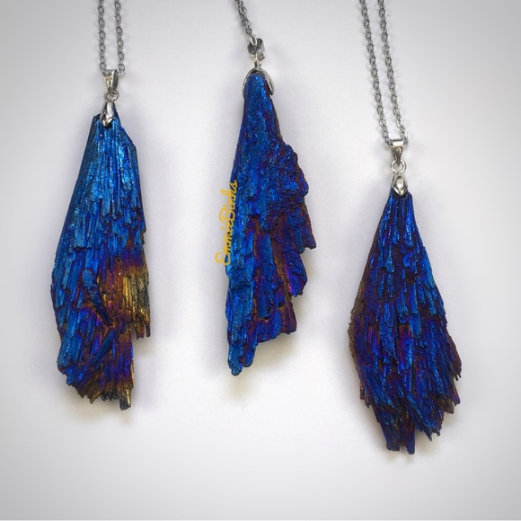 New Amazing Platinum Plated Raw Tourmaline Crystal Feather Pendant Necklace - Picture 7 of 11